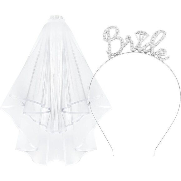 ?Women White Rhinestone Bride Headband with Veil Sturdy Metal Comb Accessory main image 8